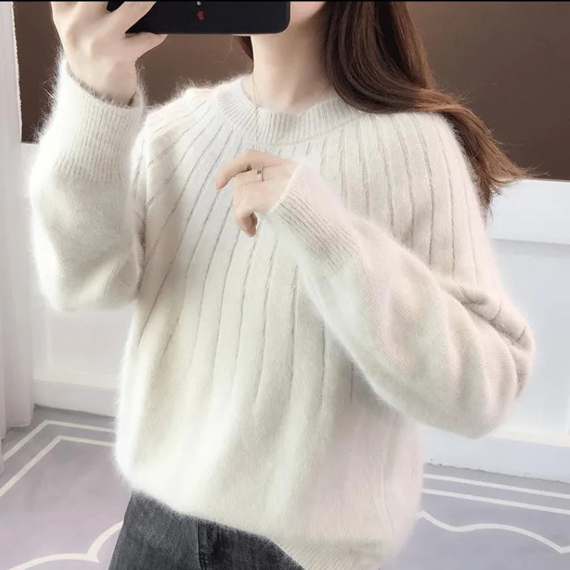 Vertical Strip Autumn Winter Lazy Wind Round Neck Pullover Women's Bottoming Shirt Loose Jumper Ladies Pull Knitted Sweater