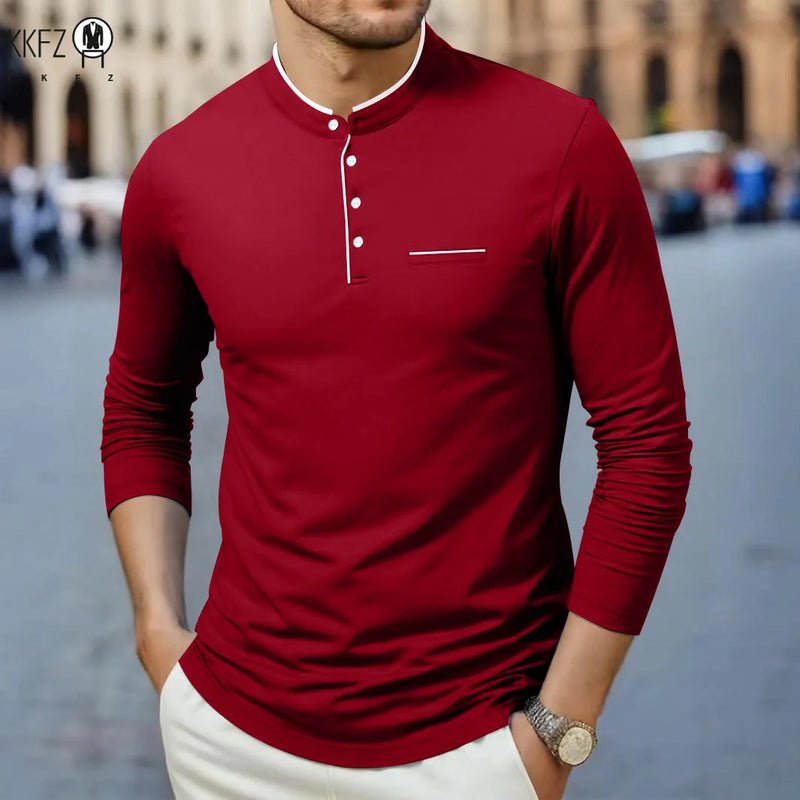 Men's Korean Style Business Casual Long Sleeve T-Shirt Three Button Stand-up Collar Comfortable Versatile Top for Men