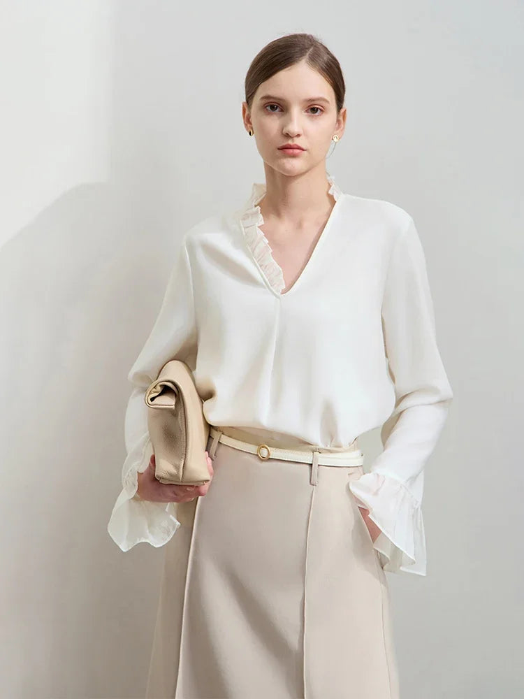 អាវ AMII Minimalist Chiffon សម្រាប់ស្ត្រី រដូវស្លឹកឈើជ្រុះឆ្នាំ ២០២៥ អាវការិយាល័យថ្មី V-neck Ruffle Splicing អាវដៃវែងរលុង 12511078