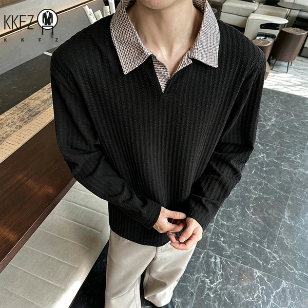 Male Long Sleeve V Neck Polo Top Vertical Texture Knit Spliced Plaid Collar Relax Fit Daily Street Garment