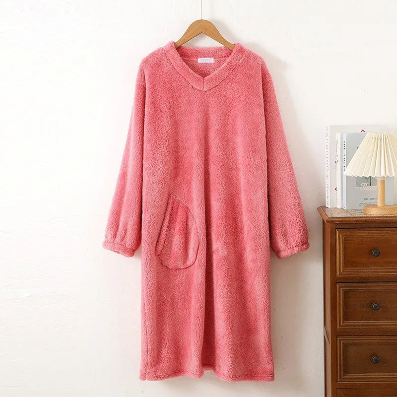 Autumn Winter Loose Coral Fleece Nightgowns Female Dressing Gowns Thick Flannel Women's Long Dress Sleeping Warm Home Clothes