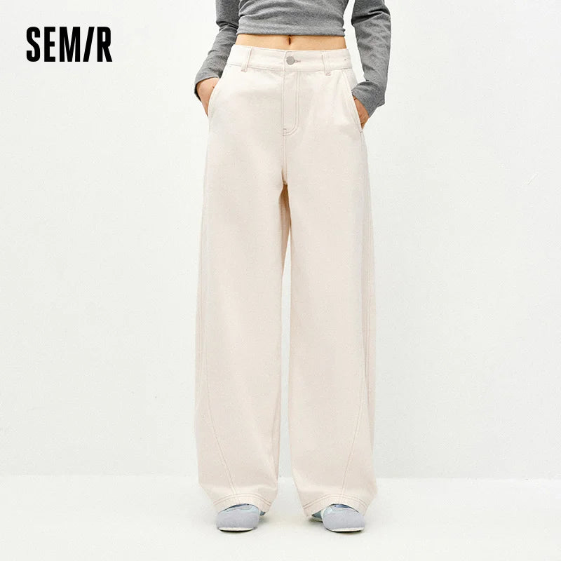 Semir White Jeans Women 2026 Spring Split Curved Blade Relaxed Fit Slimming Trendy Floor Length Casual Trousers