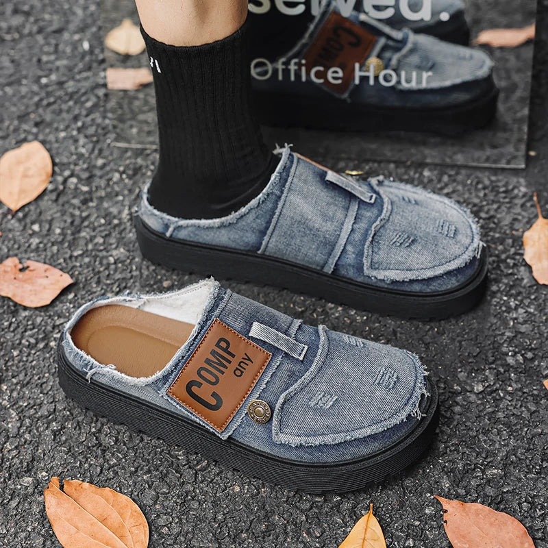 Men's Mules cowboy casual shoes four seasons breathable lightweight soft-sole non-slip comfortable outdoor walking semi slippers