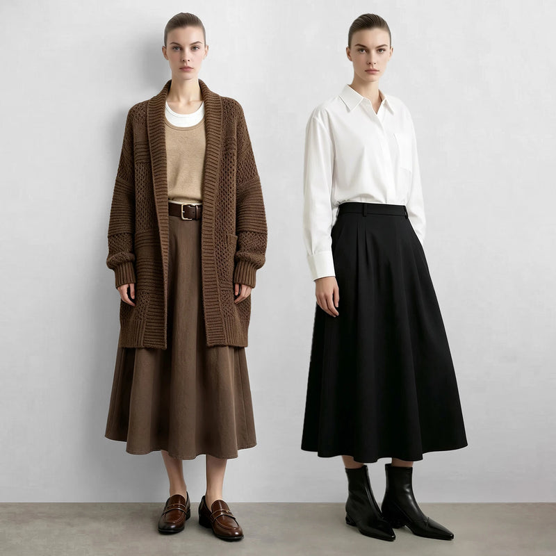 Amii Women's Cotton A-Line Midi Skirt High Waist Loose Fit Pockets Slimming Business Casual 2026 Autumn Woman Clothes 12623061