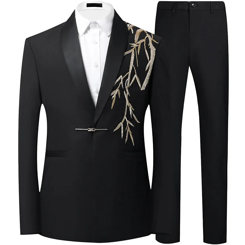 2027 New Men's Black Two-Piece Suit Set: A Chinese-style Stand-up Collar Jacket Paired with Slacks.