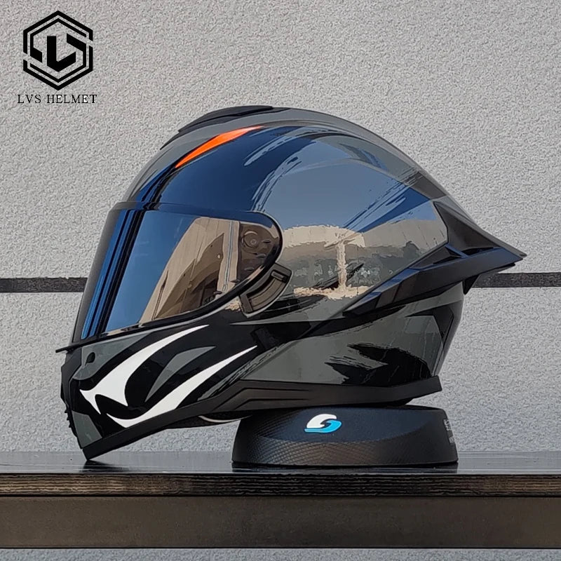 Original LVS Bright Black Helmet Motorcycle Full Face Motorcycle Helmet Riding Big Spoiler Unisex Helmet Casque DOT Approved