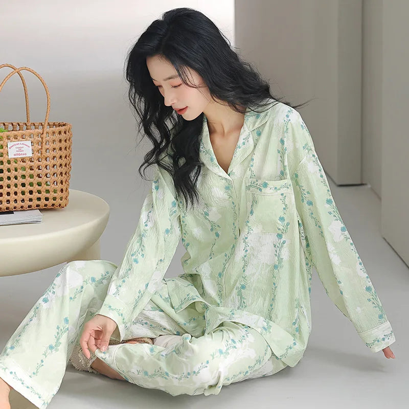 Pajama Woman Winter Cotton Spring Autumn Home Clothes Lapel Shirt Pant Suit Casual Printed Sleepwear Set New Pyjamas Femme