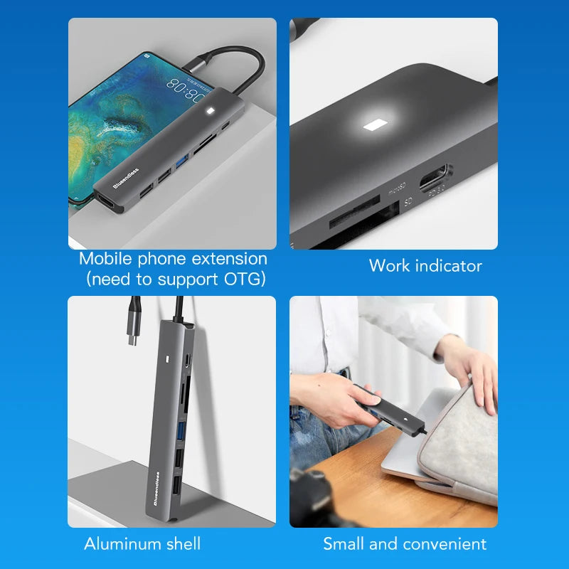 មជ្ឈមណ្ឌលប្រភេទ C របស់ Blueendless 4K 30Hz ដែលឆបគ្នាជាមួយ HDMI PD 100W USB3.0 HUB ឧបករណ៍បំបែក USB TF SD Reader អាដាប់ទ័រ USB សម្រាប់ Macbook Air Pro