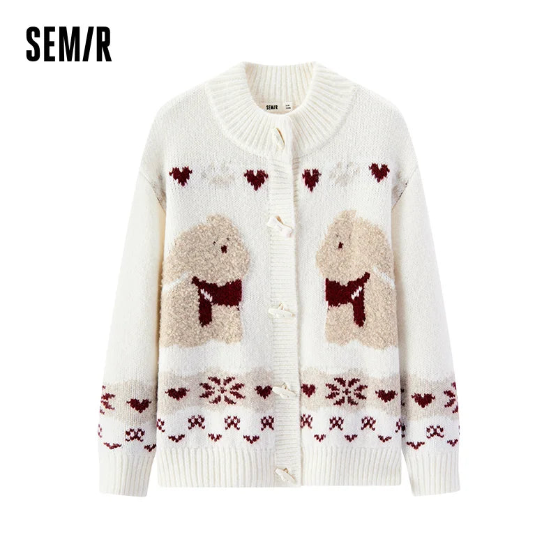 Semir Cardigan Sweater Loose Fit Toggle Button Knitwear Women 2025 Winter Jacquard High Neck Casual Top