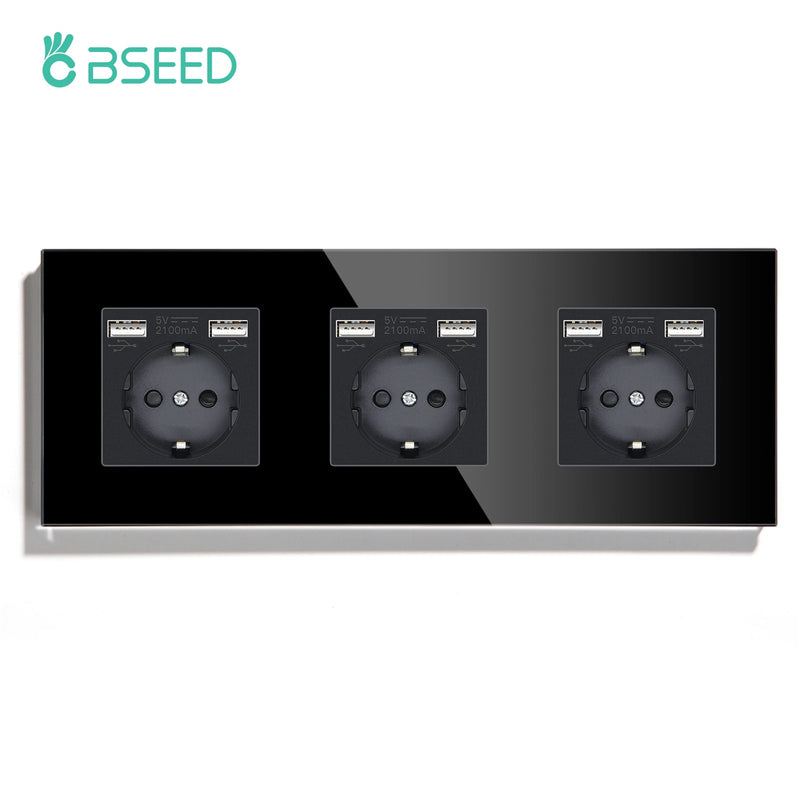 BSEED EU Wall Sockets Single Plugs Sockets Double 5V 2.1A USB Socket Phone Charge Glass Panel Power Sockets Kids Protection 16A