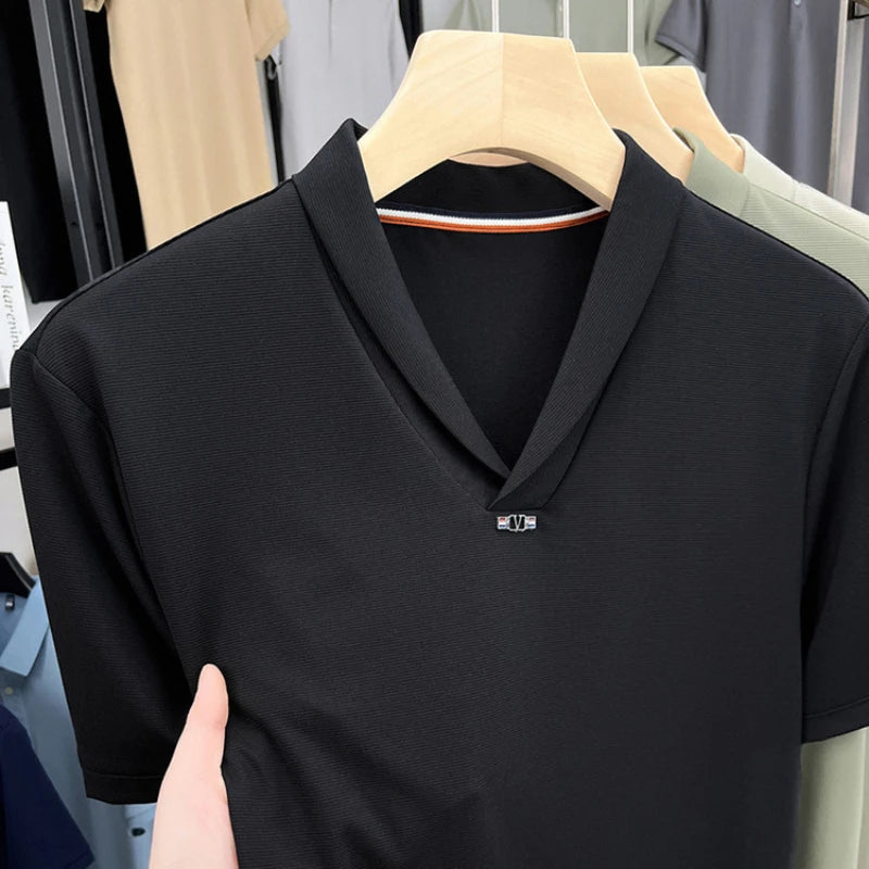 V-neck Elegant Men's Stretch Solid Color Short Sleeve T-shirt, Daily Commuting Top.2025 Summer New Arrivals