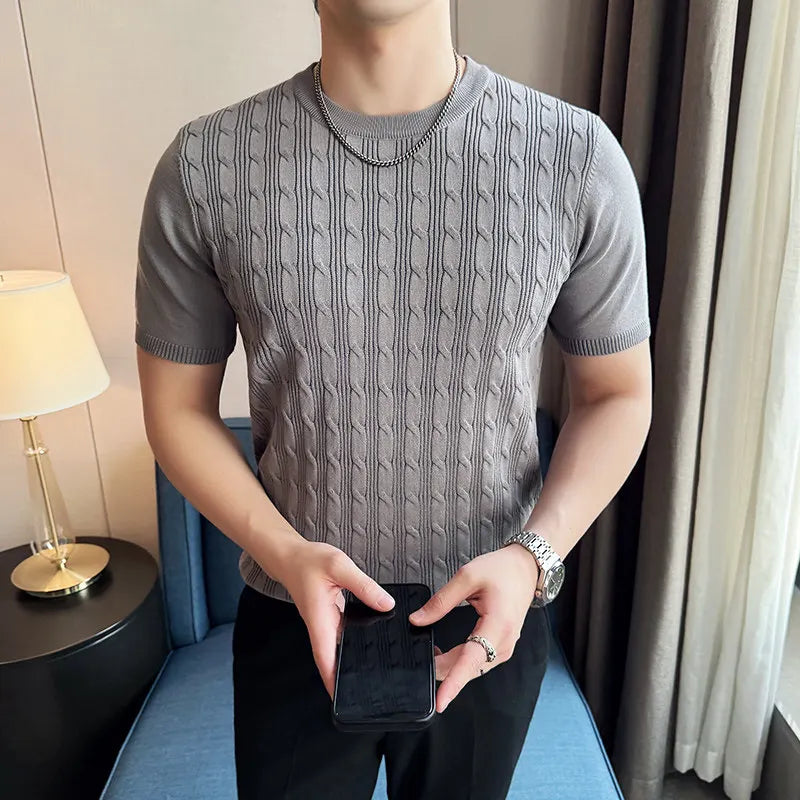 Men's Summer Slim Fit Knitted Polo Shirt - Mature Style Short Sleeve Grid Pattern Business Casual Top with Contrast Collar