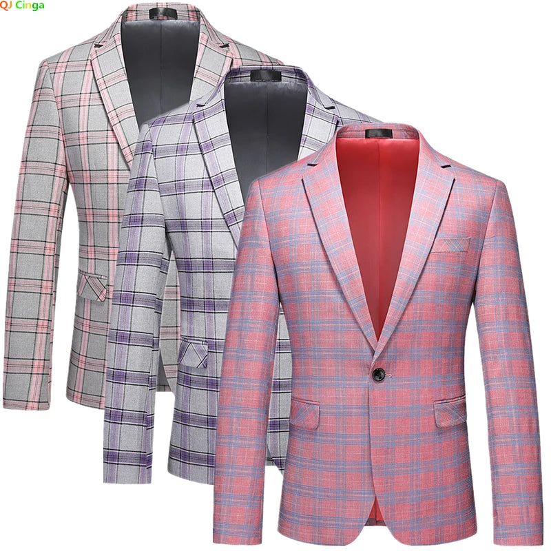 2026 New Men's Pink-Red Striped Suit Jacket, Fashion Slim Plaid Dress Coat, Red Purple Gray Blazers, Asian Size Terno Masculino