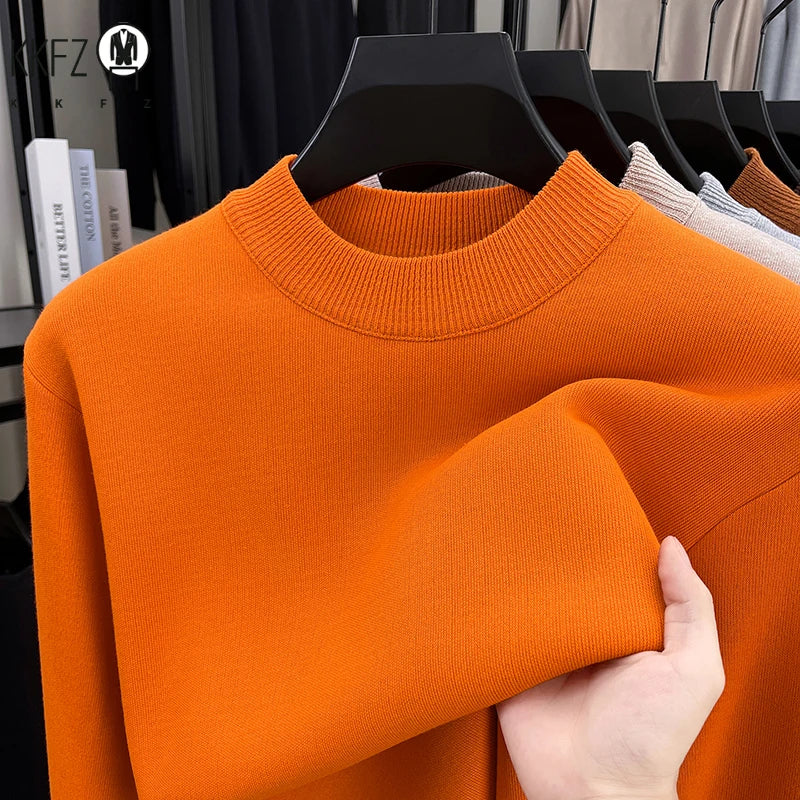 Soft Knitted Half High Neck Sweater Men Full Fleece Lined Thermal Pullover Breathable Long Sleeve Outfit For Fall Winter