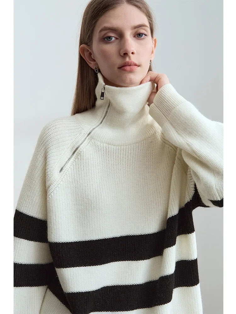 អាវយឺត Amii Turtleneck សម្រាប់ស្ត្រី អាវក្រៅរលុង មានខ្សែរ៉ូត 2025 រដូវរងាថ្មី ដៃវែង ប៉ាក់ឆ្នូត អាវសម្រាប់ស្ត្រី 12444213