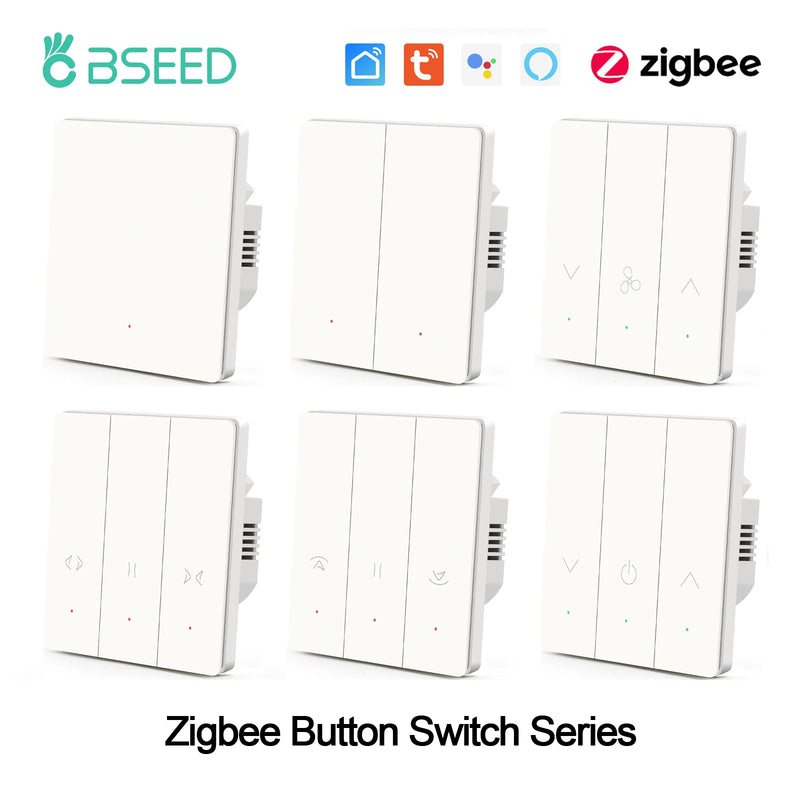 BSEED Zigbee Button Switch 1/2/3Gang 2Way Wall Light Switch Automatic Rebound Smart Curtain Shutter Switch Neutral Required