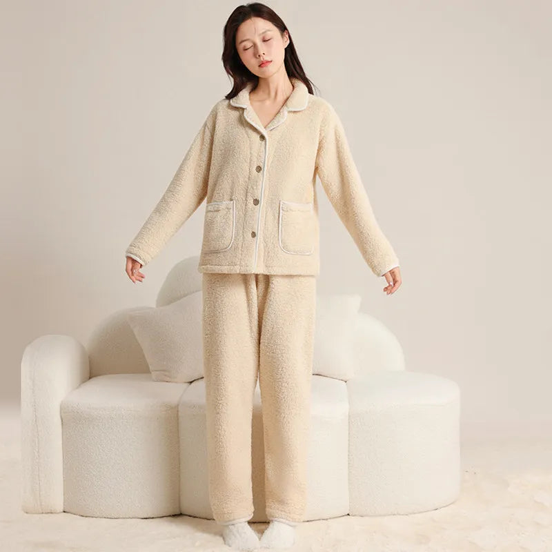 Pyjamas Femme Hiver Coral Fleece Warm Sleepwear Set New Thick Flannel Home Clothes For Women Hot Winter Pajamas Suit Female