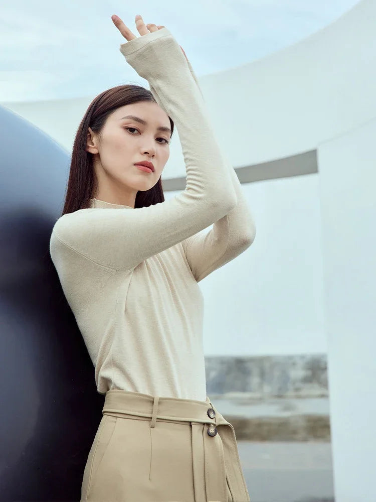 អាវយឺត AMII របស់ស្ត្រី Minimalism កអាវវែង អាវក្រៅ 2025 រដូវស្លឹកឈើជ្រុះថ្មី ស្លីម មូលដ្ឋាន អាវយឺតប៉ាក់រឹង 12363002