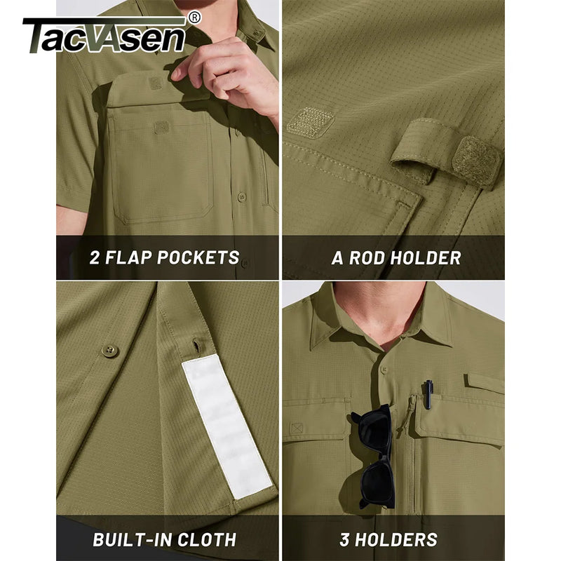 TACVASEN Quick Dry Short Sleeve Shirts Men's UPF 50+ Sun Protection Work Cargo Shirts Mesh Breathable Hiking Fishing Shirts Man