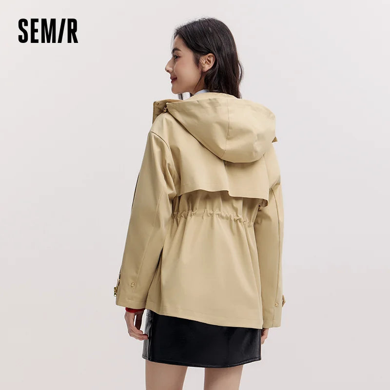 Semir Commute Jacket Women Spring Mid Length Hooded Drop Shoulder Waist Cinched Windproof Waterproof Stain-Resistant Top