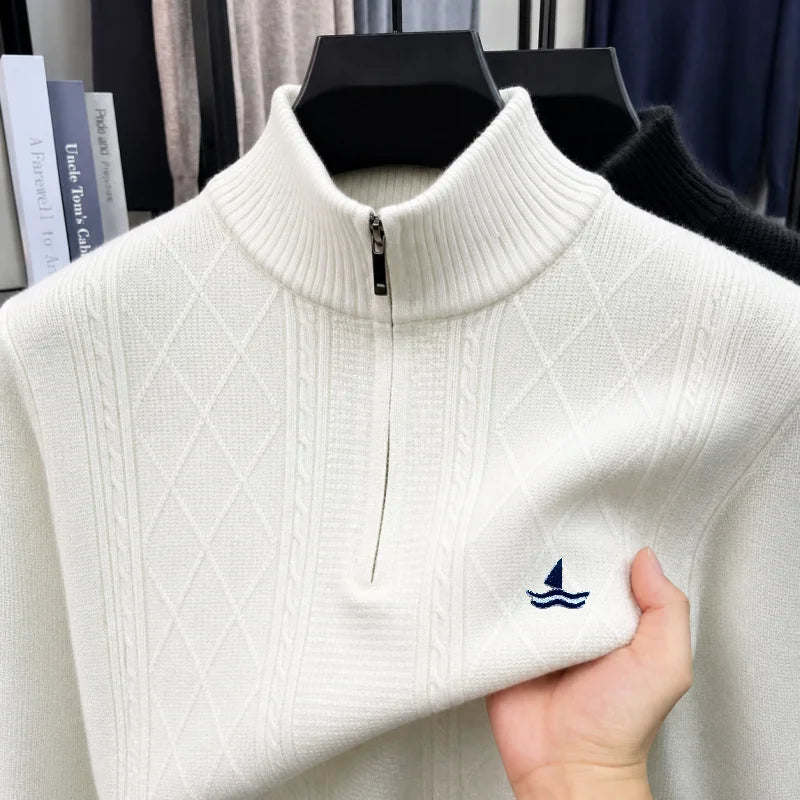 Man Long-Sleeved Knitwear Mock Neck Zipper Exquisite Embroidery Diamond Pattern Autumn Winter New Leisure Versatile Men's Wear