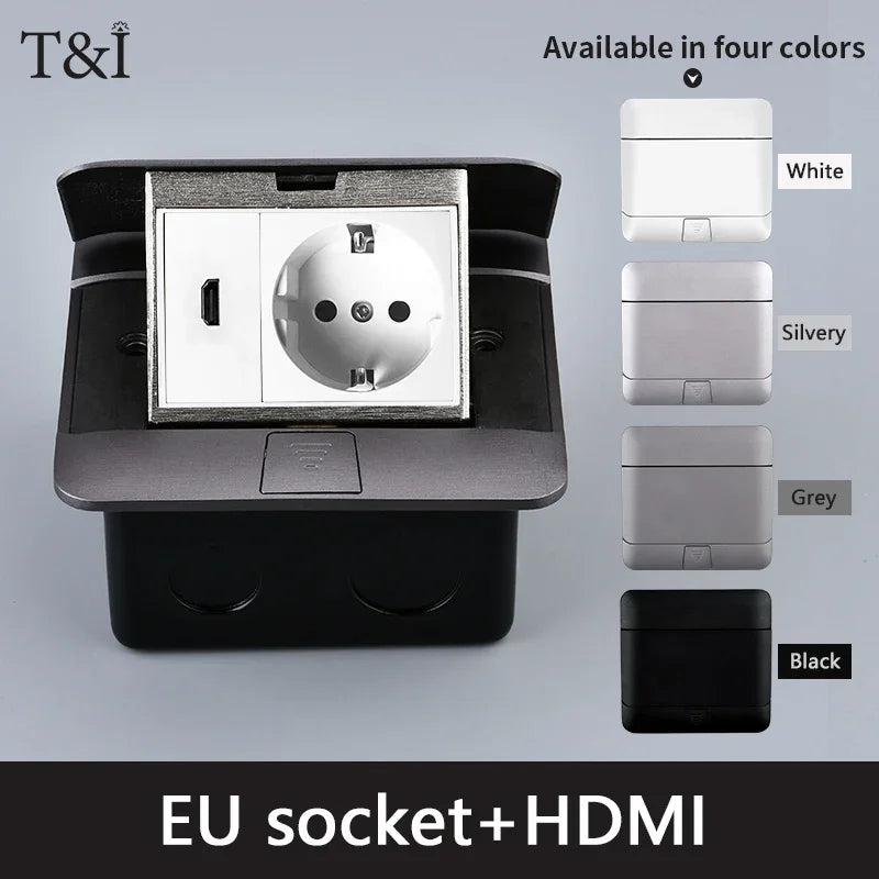 Metal Panel EU Standard Hidden Type Table Socket 2/3 Way Outlet USB/EUR/Universal/FR Office Cabinet Desktop Aluminum 120x120mm