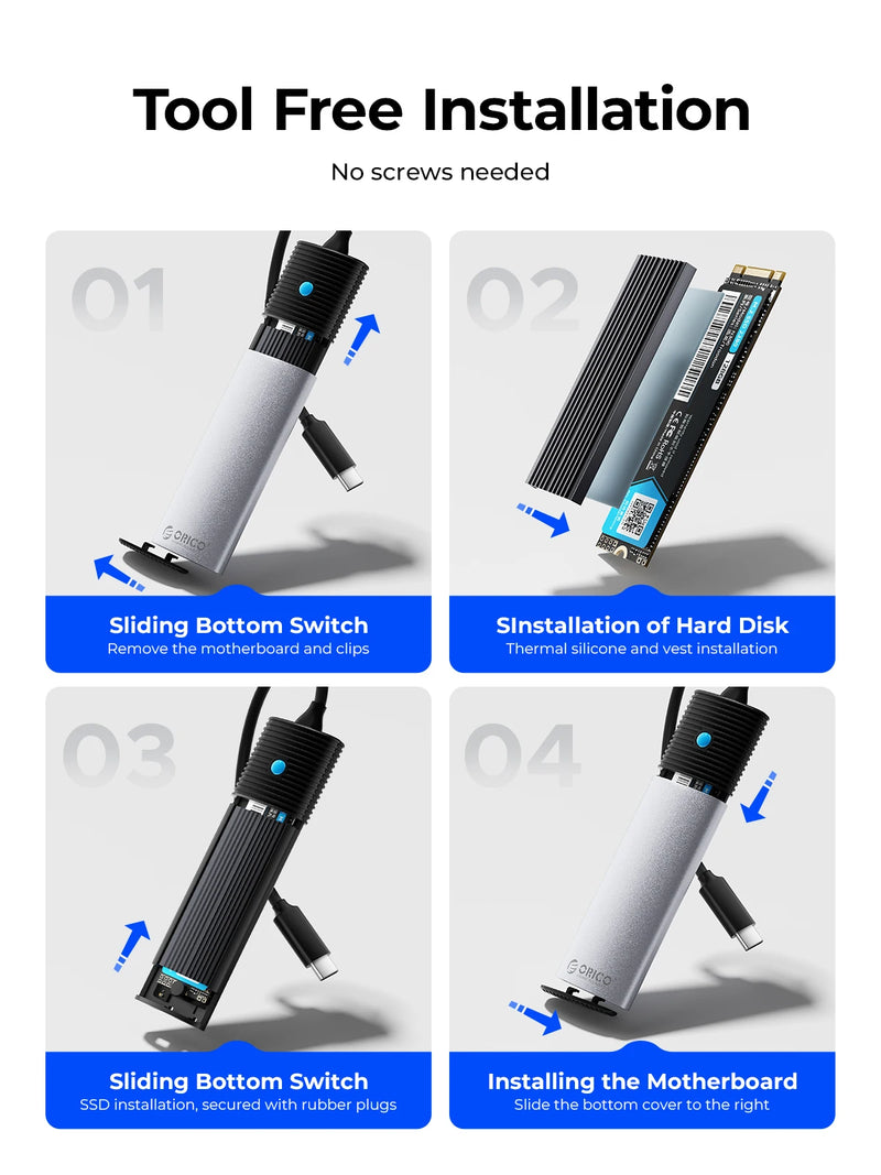 ORICO Portable M2 SSD Case NVME SATA Dual Protocol Tool Free M.2 SSD Enclosure External for NVME PCIE NGFF SATA SSD Disk Box