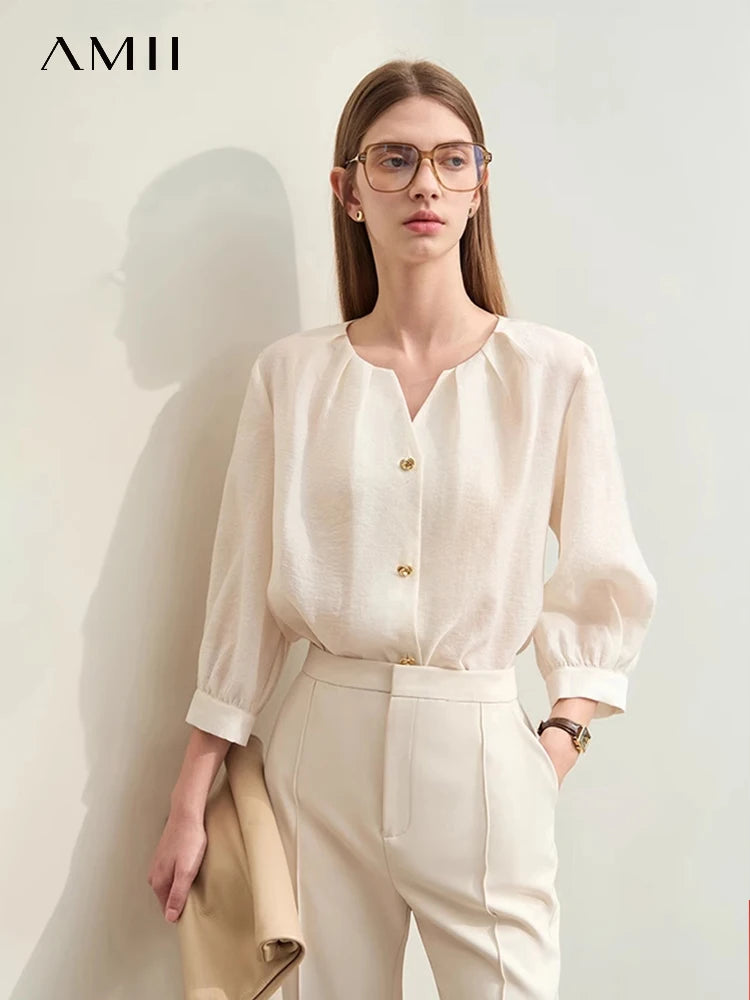 អាវ Amii Minimalism 2025 សម្រាប់នារី រដូវស្លឹកឈើជ្រុះ អាវថ្មីលាយបញ្ចូលគ្នា ត្បាញរលុង អាវការិយាល័យ អាវក្រណាត់មិនលាត អាវស្រី 12442001