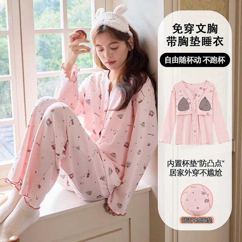 Korean Cotton Chest Pad Long Sleeve Top Trouser Sets Casual Home Suit For Women Spring Autumn Sleepwear Women's Pajamas