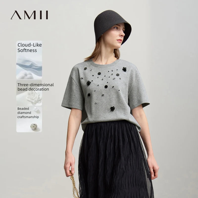 អាវយឺតដៃខ្លី Amii ឆ្នាំ២០២៦ និទាឃរដូវថ្មី កមូល អង្កាំផ្កាអង្កាំពេជ្រ អាវយឺតប៉ាក់រាងបីវិមាត្រ សម្រាប់នារី 12641038