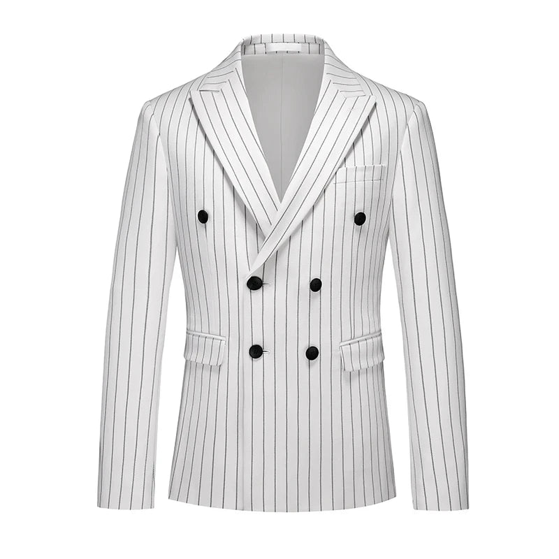 Men's Vertical-Striped Blazer, Perfect for Weddings, Parties, and The Office. Asian Sizes. White, Black, Blue, Gray, Red, Brown.