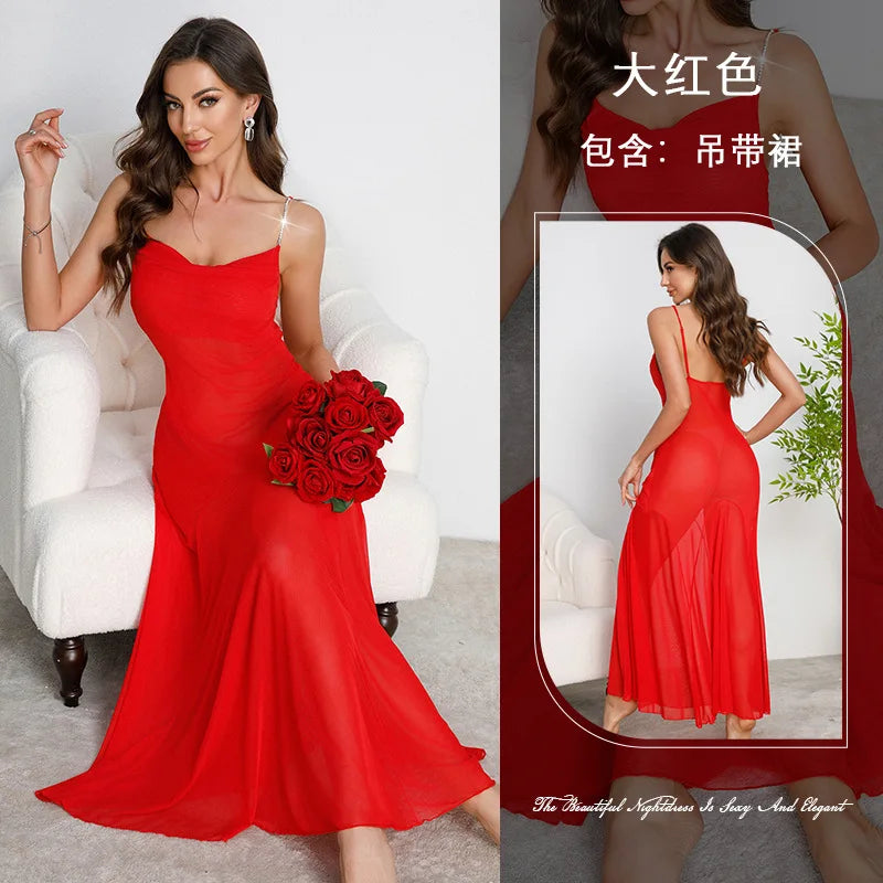 Strap Suspender Long Dress Swing Sexy Mesh Nightdress Night Wear Sleepwear Women Nightgowns Vestidos De Noche