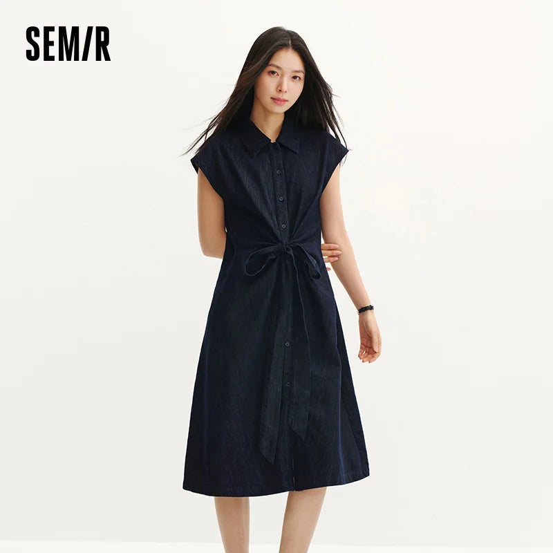 Semir Women Dress Denim Knot Waist Cinching Bow Cool Feeling Stylish Design Midi 2026 Summer Casual Fashion Top