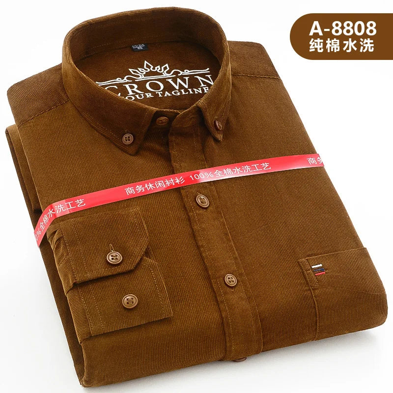Spring Men's Yellow Long-Sleeve Shirt, Corduroy Collared Shirts, Asian Sizes, Available in Blue, Red, Gray, and Green.
