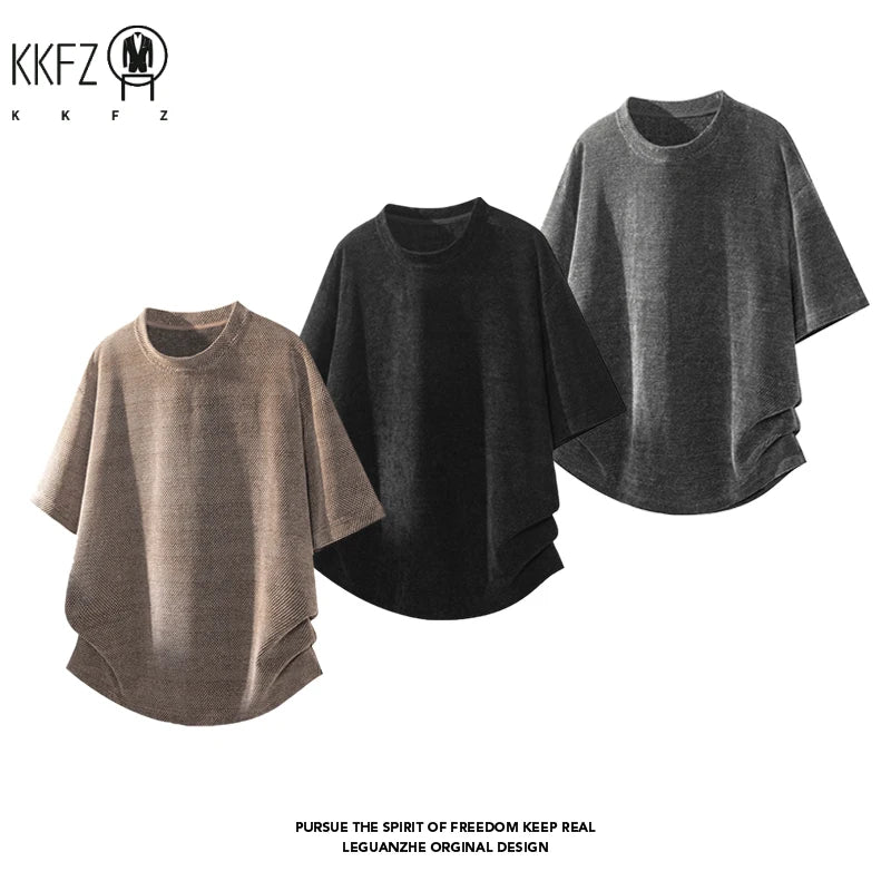 Men Crew Neck Waffle Knit Short Sleeve T Shirt Curved Hem Hemline Oversized Silhouette For Summer Street Casual Daily Wear