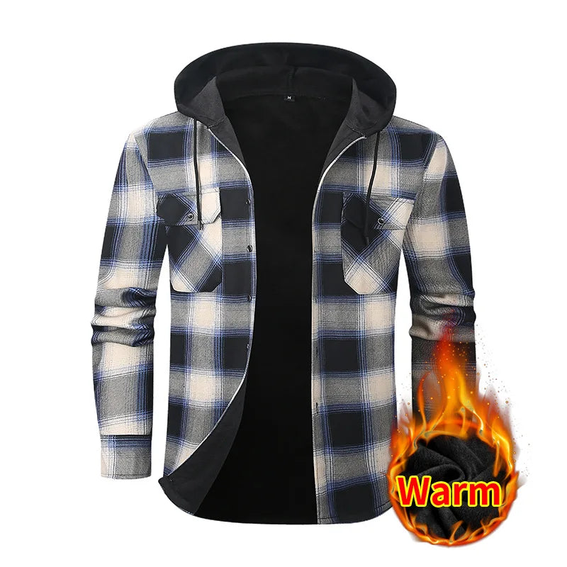 New Winter Men's Long-Sleeve Hooded Fleece Shirt—a Stylish, Casual, and Warm Plaid Shirts.