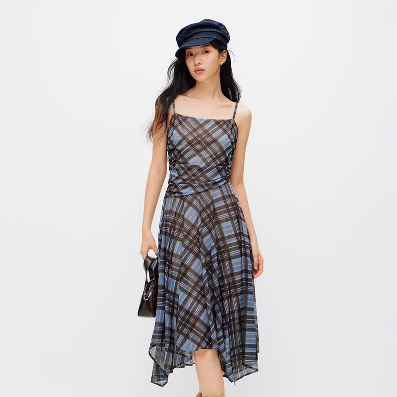 Semir Women Dress Plaid Ruched Vintage Design Sexy Stylish Slip Mini 2026 Summer Street Fashion Wear