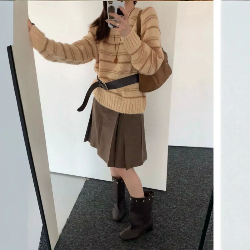 Korean Gentle Wind Round Neck Striped Pullover Sweater Women's Autumn Winter New Versatile Knitted Jumper Top Female Base Layer