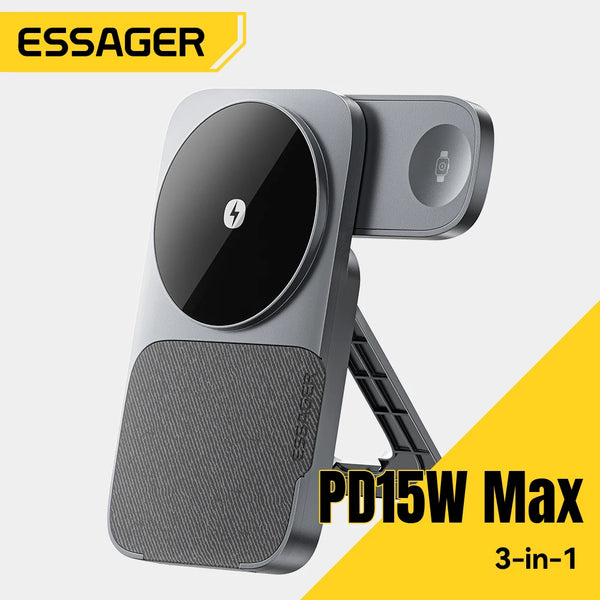 ជើងទ្រសាកថ្មឥតខ្សែ Essager 3 in 1 អាចបត់បាន 15W សម្រាប់ iPhone 17 16 15 Airpods iWatch សម្រាប់សាកថ្មលឿន MagSafe