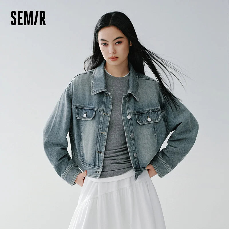 Semir Vintage Jacket Women 2026 Spring Short Lapel Drop Shoulder Loose Distressed Cargo Streetwear Stylish Outerwear