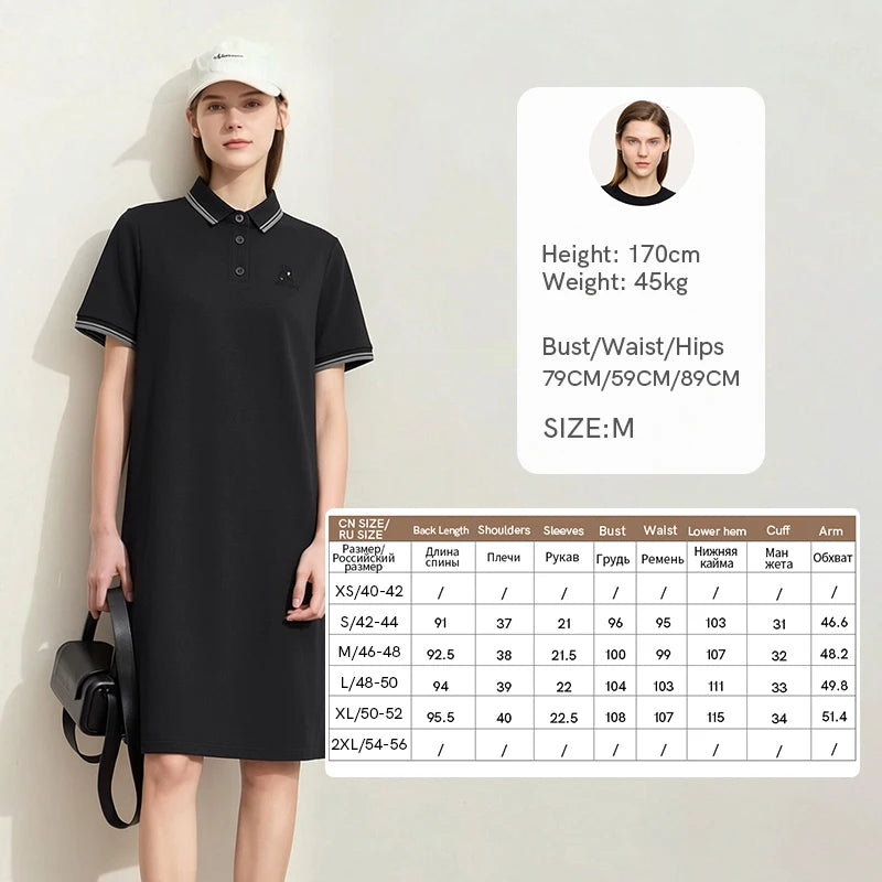 Amii Woman Dresses 2026 Summer New Color Block POLO Collar Midi Dress Women Loose Casual Short Sleeve Rhinestone Skirt 12622066