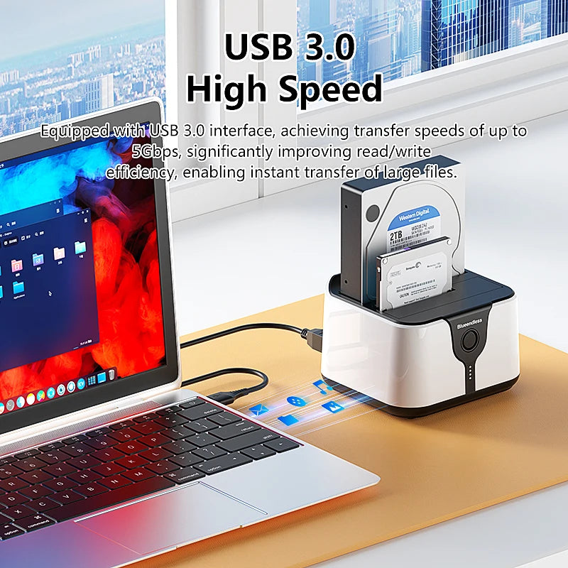 ប្រអប់ ថាស ផ្ទុក ទិន្នន័យ HDD 2 Bay របស់ Blueendless សម្រាប់ ភ្ជាប់ ទៅ កាន់ SSD ដោយប្រើ រន្ធ ពីរ ភ្ជាប់ ទៅ កាន់ SATA ទៅ USB 3.0 សម្រាប់ ថាស SSD ទំហំ 2.5 3.5 អ៊ីញ
