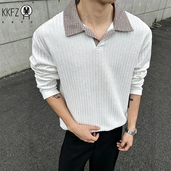 Male Rib Knit V Neck Polo Shirt Long Sleeve Contrast Plaid Collar Relax Fit Lightweight Streetwear Top