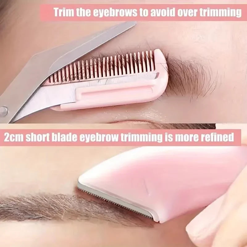 3Pcs Eyebrow Trimmer Set Curved Razor Scissors With Comb Macro Brow Shaper Safety Grooming Kit For Women