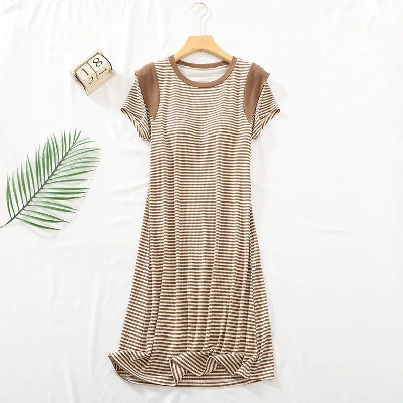 Womens Dresses Sleepwear For Sleeping Nightdress Short Sleeve Modal Striped Nightgowns Chest Pad Slim Ladies Nightshirt