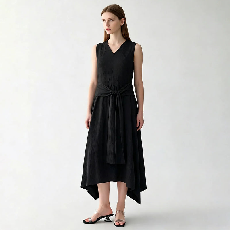 Amii 2026 Summer New Women Sleeveless Dress A-Line V-Neck Tie Waist Crinkled Texture Asymmetrical Hem Casual Midi Dress 12652074