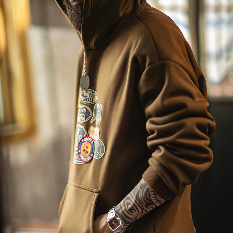 Maden Vintage Men's Embroidered Badge Hoodie Brown Sherpa Fleece Warm Pullover Relaxed Fit Casual Knit Tops for Fall Winter