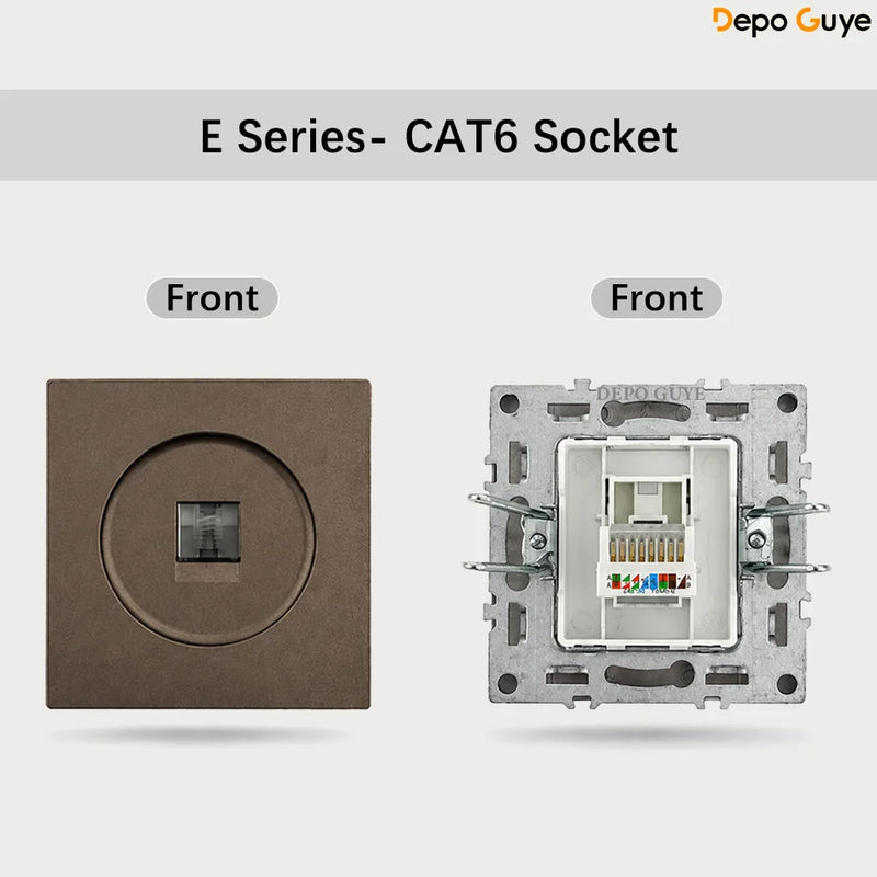Brown EU Russia Socket with USB TypeC+A Double French 1 2 Gang TV Computer CAT6 Switch DIY Function Parts Plastic Frames