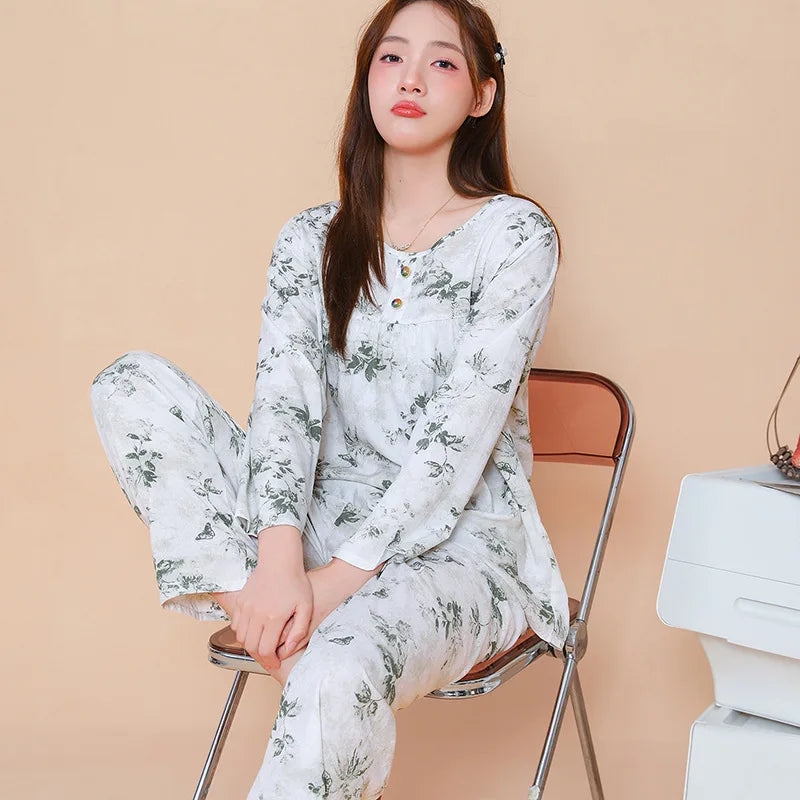 2 Pieces Set for Woman Pajamas Spring Autumn Long Sleeve Pyjama Set Floral Sleepwear Women's Night Wear Pijama Loungewear Set