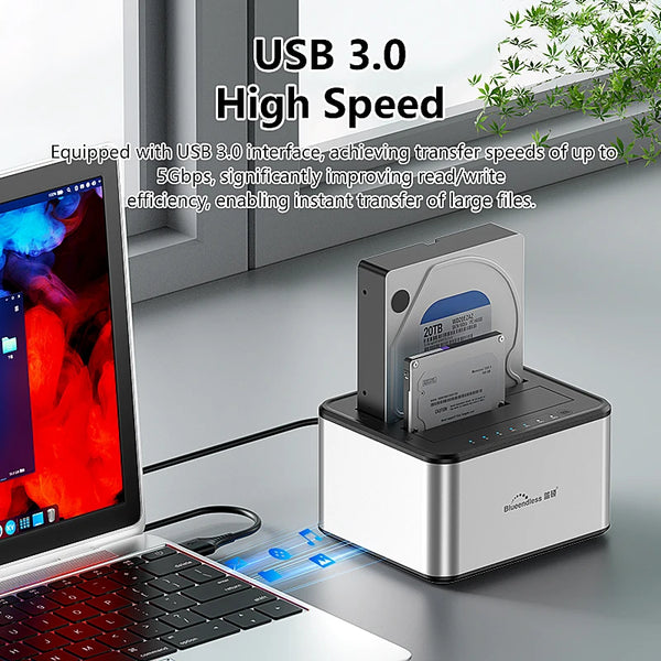 ប្រអប់ HDD ពីរ Bay Blueendless ស្ថានីយ៍ចត SSD ករណីក្រៅបណ្តាញក្លូន SATA ទៅ USB 3.0 អាដាប់ទ័រចម្លងសម្រាប់ថាស SSD/HDD ទំហំ 2.5 3.5
